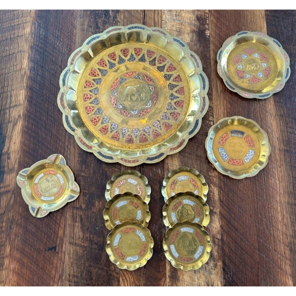 Vintage Handcrafted Indian Etched Brass Elephant & Design Plates & Ashtray Set